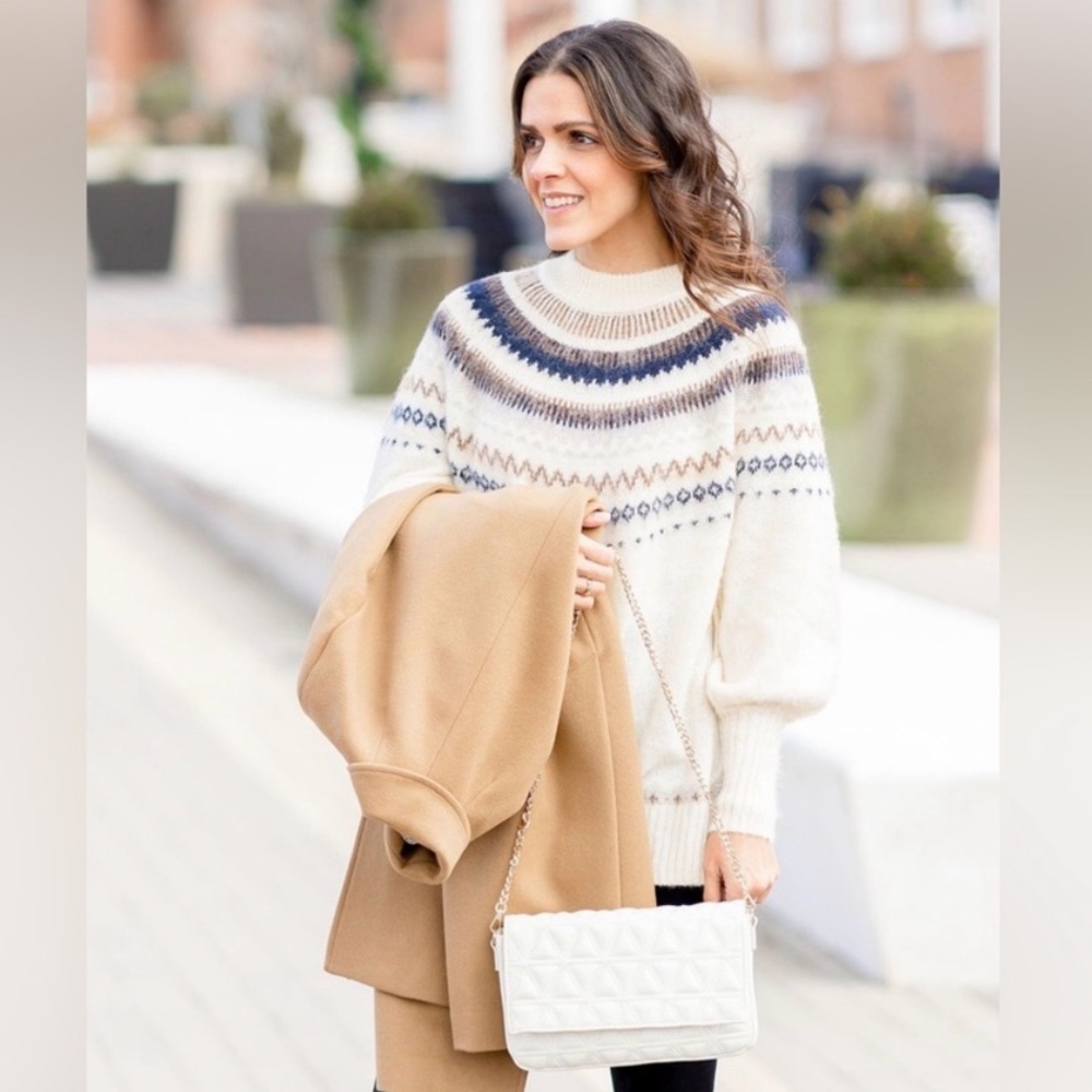 J. Crew Alpaca & Wool Cream Fair Isle Puff Sleeve Mock Neck Oversized Sweater